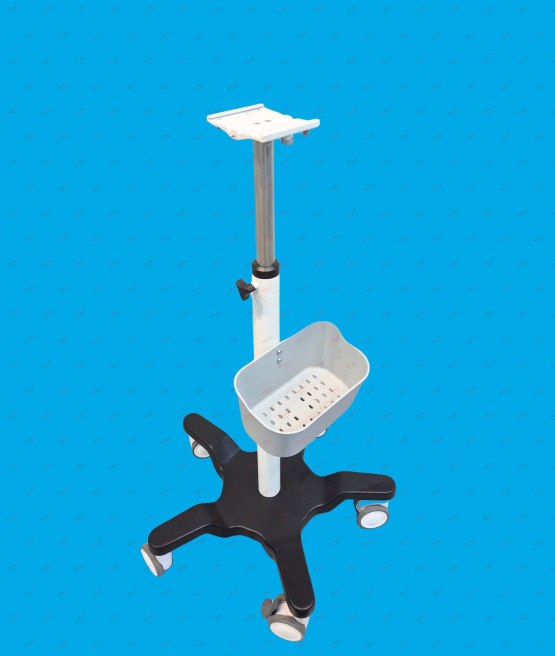 Rollmount Base Trolley with Height Adjustment, mobile medical stand with basket