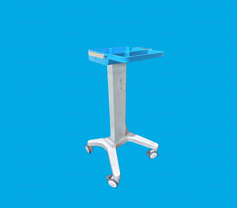 White ventilator trolley with tray platform and four caster wheels