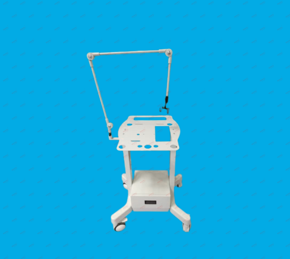 White ventilator trolley with adjustable support arm, equipment platform, and caster wheels