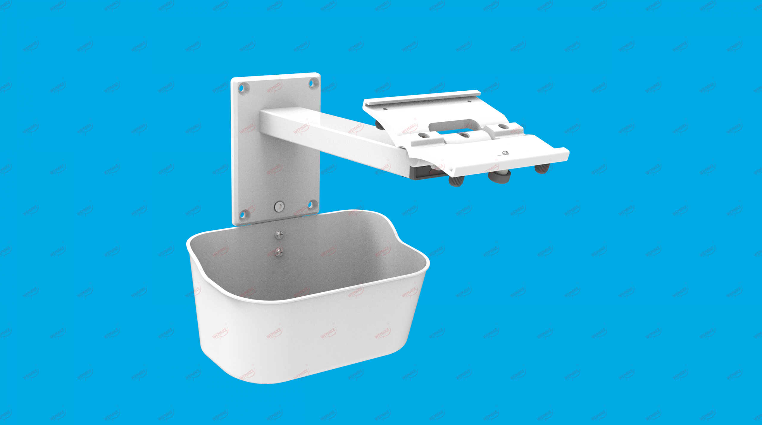 Fixed Wallmount Monitor Stand with Basket Fixed wall-mounted monitor stand with basket, featuring a white monitor platform and storage basket.